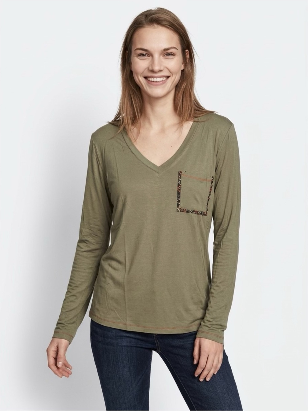 Anthropologie Olive V-Neck Long Sleeve Pocket Tee